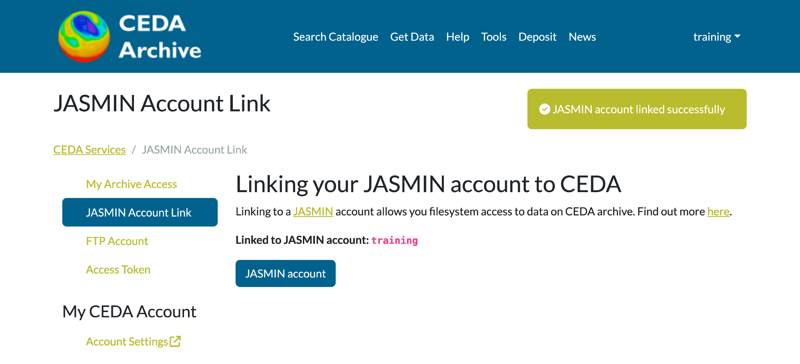 CEDA accounts portal showing a successful link
