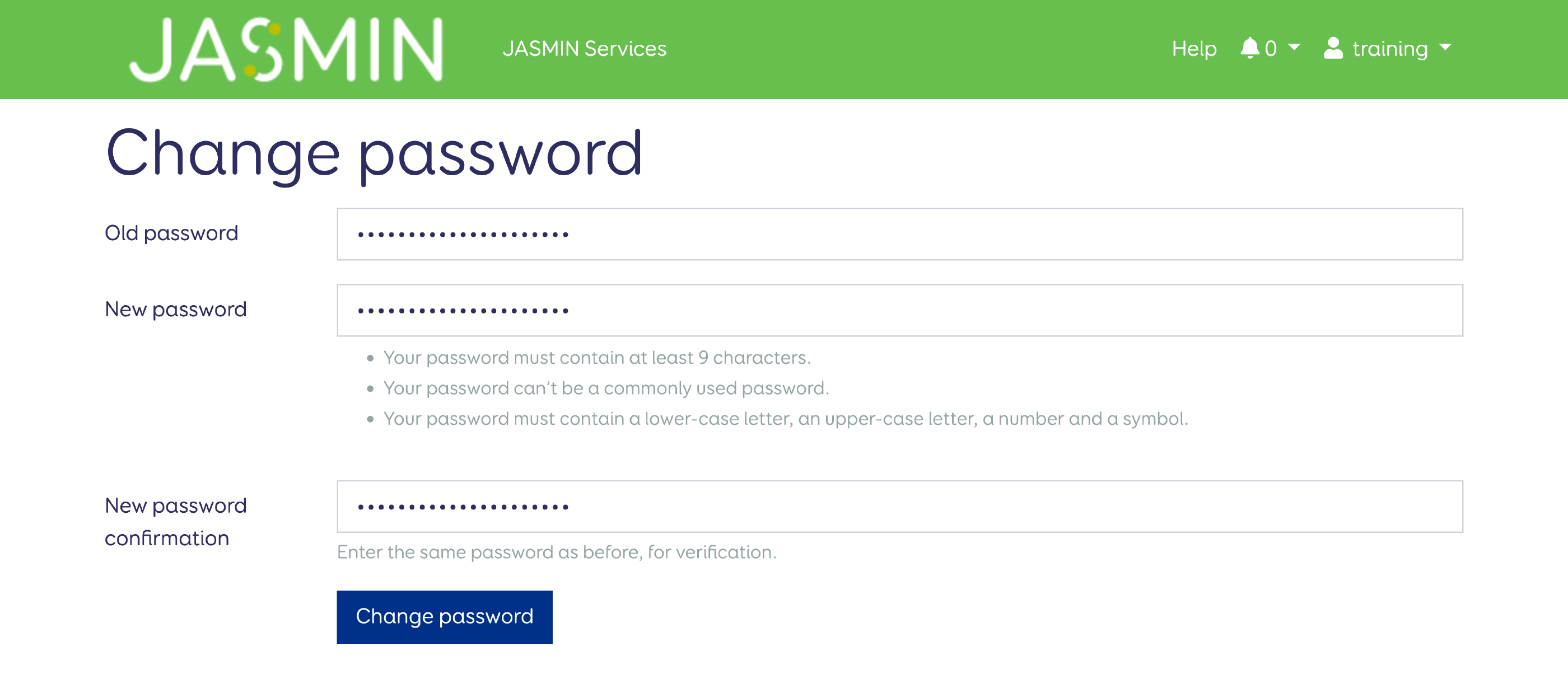 Change password form with old and new passwords filled in