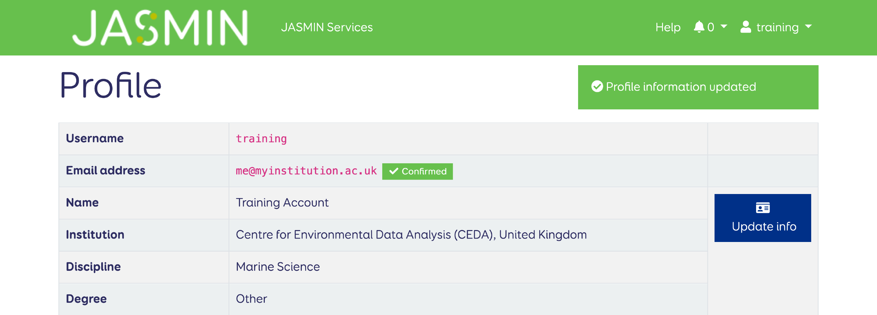 The profile page shows the updated discipline and degree