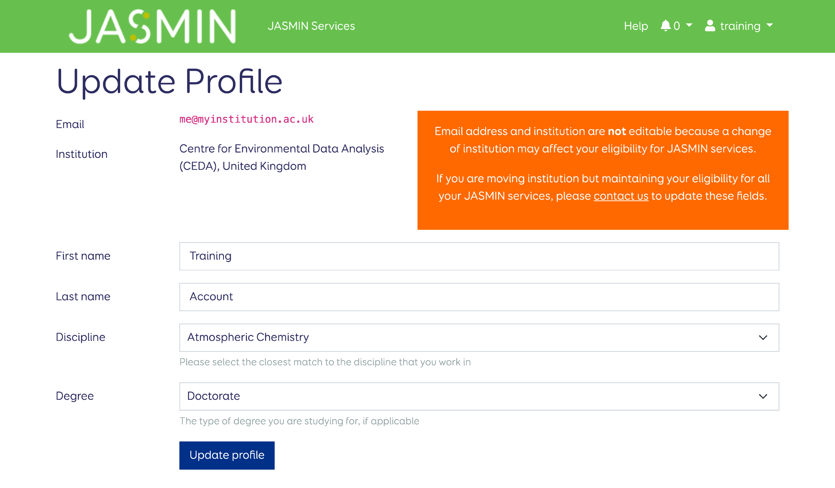 Update JASMIN profile page before changing any details