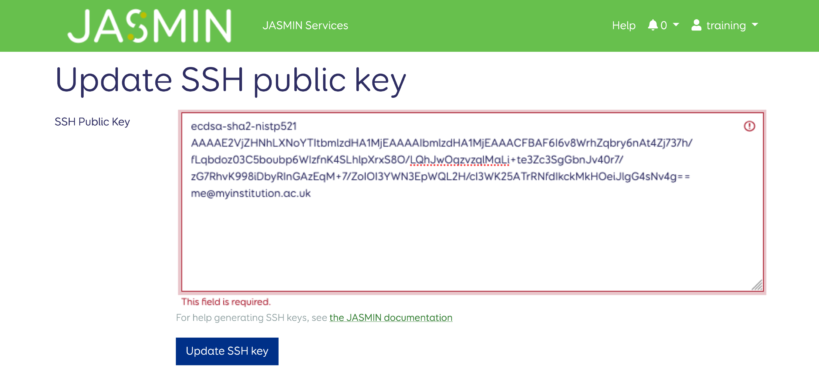 The form to enter your new SSH public key